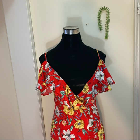 F21 Liberty Floral Flowy Cutout Shoulder Wrap Hi Low Dress - Picture 7 of 15